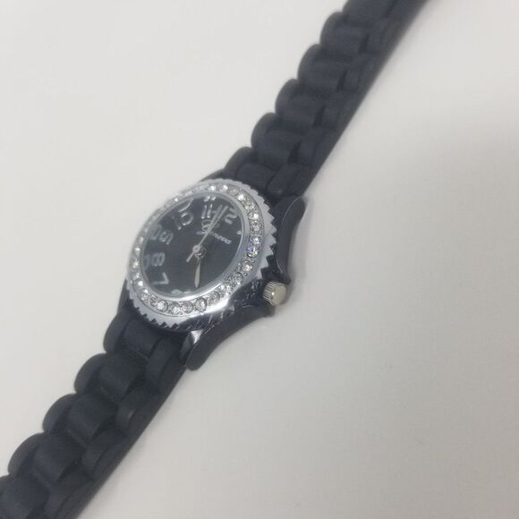 Geneva Black Silicone Adjustable Strap Gemmed Crystal Bezel 10026 Women's Watch - Picture 5 of 13